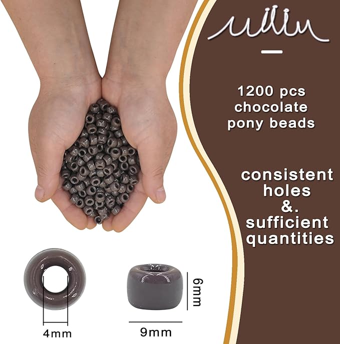 MIIIM 1200PCS 6x9mm Dark Pony Beads Bulk, Kandi Beads for Bracelets Making Kit, Hair Braids Crafts for Jewelry Making (Chocolate Brown)