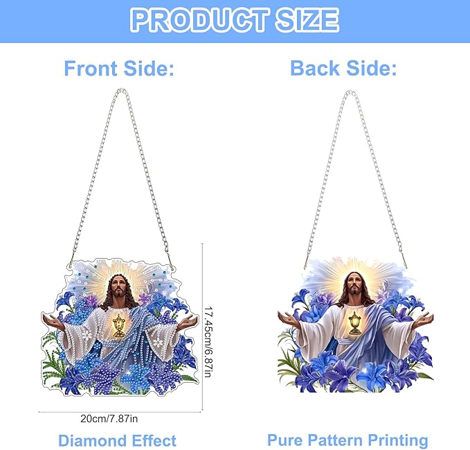 QENSPE Jesus Hanging Diamond Art with Chain, 5D Special Shape Flowers Diamond Paingting Ornaments Kits, Easy DIY Crystal Pendant Gem Art for Home Garden Wall Decor 8X8 inch