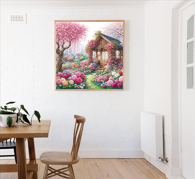House Flower Diamond Art Kits for Adults, Pink Flower Diamond Painting for Beginners, 5D Diamond Dot, Dimond Art Paintings Kit, Gem Painting Kit, Crafts for Adults, Home Wall Decor Gifts (14x14inch)