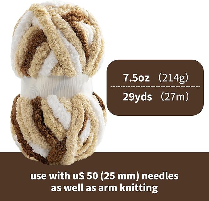 HOMBYS Chunky Tie Dye Mix Chenille Yarn for Hand Knitting, Super Bulky Jumbo Yarn for Crocheting, 3/4" Thick Soft Plush Yarn for Blankets, 8 Skein Pack (26 yds / 7.5 oz Each) Khaki