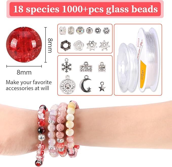 Tunmiok Glass Beads for Jewelry Making Kit with Metal Charms & Crystal String - Includes Spacers, Flower Holders - Bracelet kit, Necklace, Earring Set Supplies for Adults (Pink)