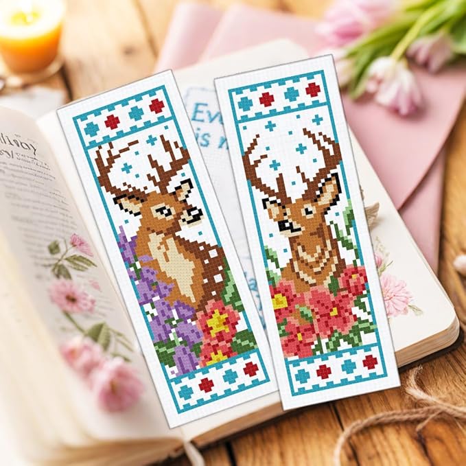 ORIGACH 6 Set Deer & Flower Cross Stitch Bookmark Kit for Beginner with Backing Felt Floss Instructions DIY Stamped Embroidery Bookmark Kit for Adults, Book Lovers