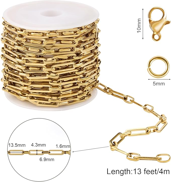 SMYHTGLIF 4 Meters Paperclip Chain Bulk for Jewelry Making Gold Stainless Steel Chain Roll Handmade Jewelry Making Supplies