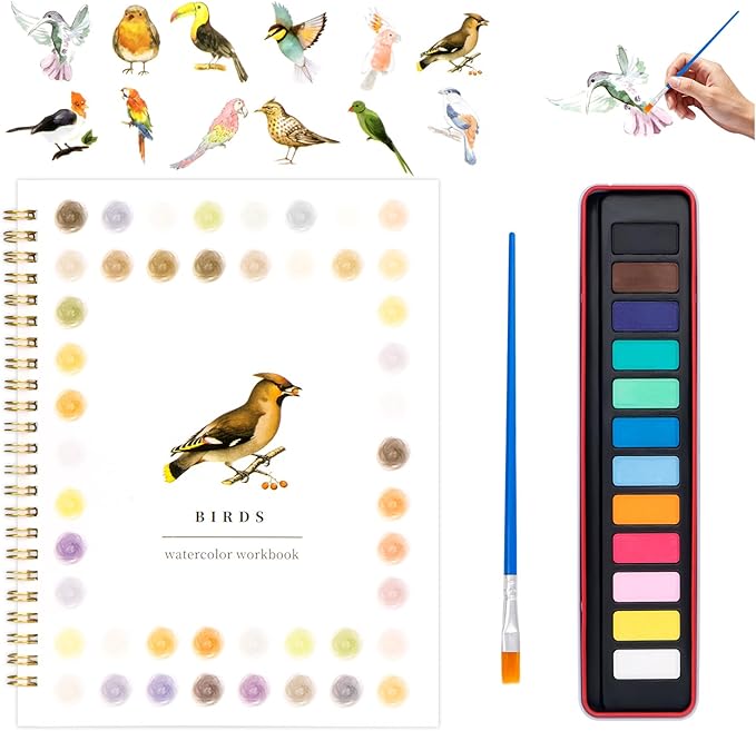 Watercolor Workbook for Adults, Beginner Friendly Watercolor Painting Kit Birds Water Coloring Book, Nature-Themed Practice Art Gift Water Color Paint Book with Palette and Brush