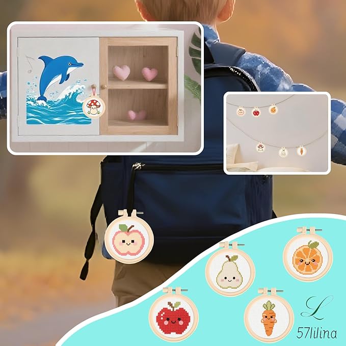 57lilina Cross Stitch Kits for Kids - 6 Set Easy Beginners Embroidery Kit for Kids, DIY Cute Pre Printed Stamped Crossstitch Needlepoint Patterns Craft for Backpack Charms, Keychains & Girls Gifts