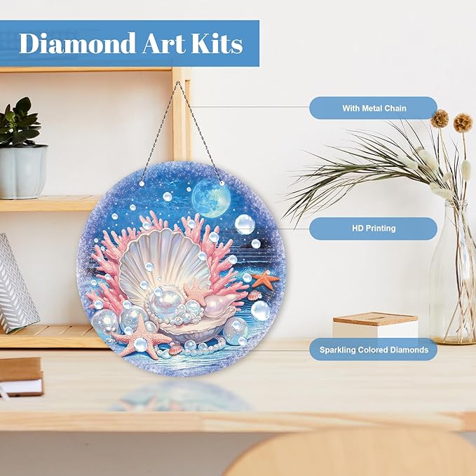Roneenz Diamond Painting Kits Hanging Pendant, Seashell Hanging Diamonds Art kit for Adults, Special Shaped DIY 5D Art Window Decor, Home Garden Room Decor Gifts for Women and Girls