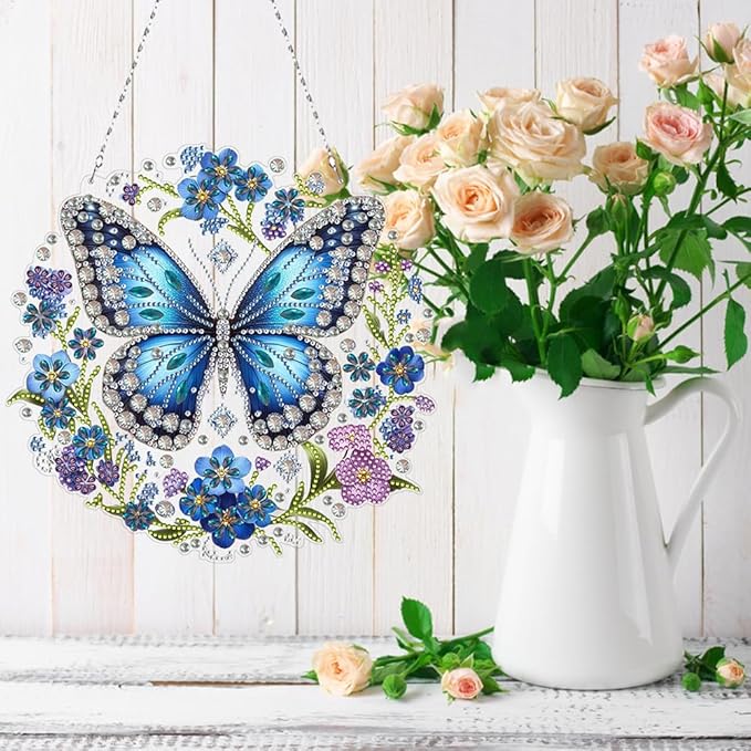 POETRYDRAW DIY Hanging Diamond Art Pendant Kit Butterfly, Special Crystal Diamonds Painting Ornament for Adults, Diamond Art Suncatchers Double Sided Board Gem Painting Box Kit