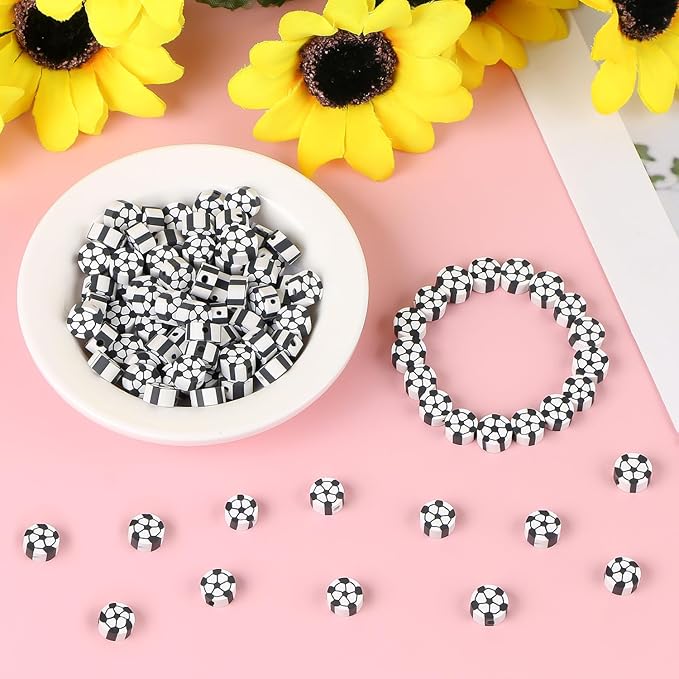 EVERMARKET 100pcs Soccer Beads Polymer Clay Football Softball Beads Charms Soccer Ball Spacer DIY Sports Bead for Necklace Bracelet Handmade Jewelry Making Accessories Supplies