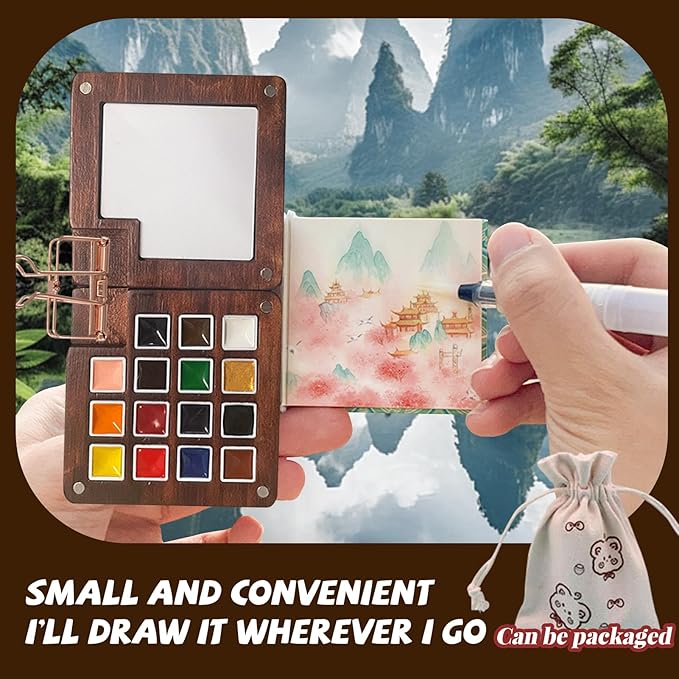 15 Gauge Acrylic Mini Palette, Mini Watercolor Palette Set, Pocket Artist Watercolor Travel Set, Portable Watercolor Palette Box Set with Brushes, Clips, Sketchbook, Paints, Storage Bag (B)