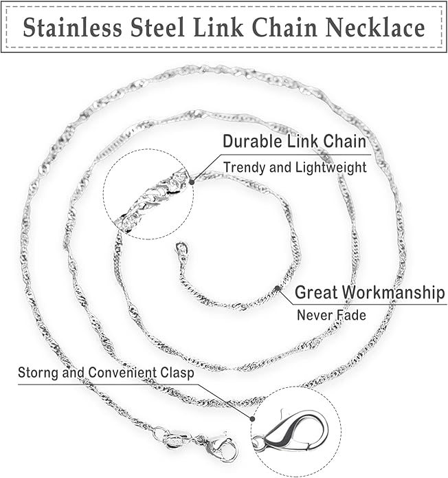 Whaline 24 Pack Silver Plated Chain Necklace 925 Water Ripple Plated Necklace for Jewelry Making Craft, Womens and Girls