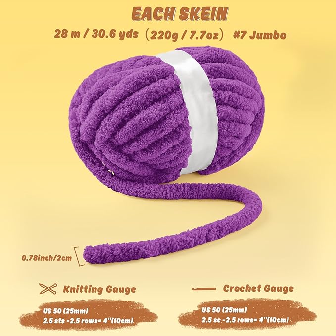 inhand 18 Pack Chunky Chenille Yarn for Crocheting– 30.6 Yards, 7.7oz, Super Bulky, Soft Fluffy Plush Yarn for Hand or Arm Knitting– Ideal for Blankets, Crafts & DIY Projects (Dark Purple)