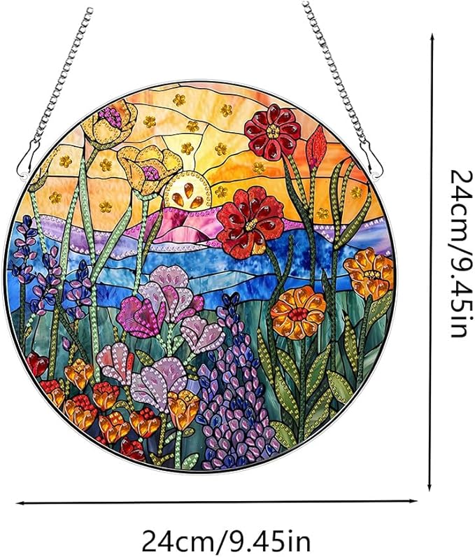 hyzsj DIY Hanging Diamond Art Pendant Painting Kit Landscape Sunset Flower, Special Crystal Gem Craft Painting Kit Ornament 9.4x9.4inch
