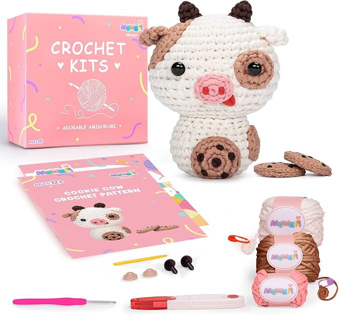 Mewaii Crochet Kit for Beginners Level 2 with 40% Extra Eco-Friendly Pre-Started Easy Yarn, Step-by-Step Video Tutorials for Adults and Kids (Cookie Cow)