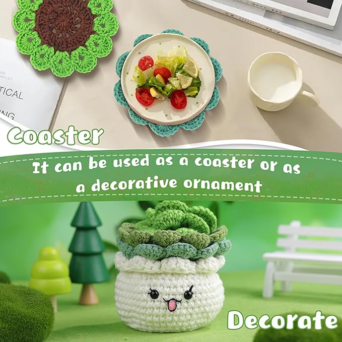 SAMLMAP Crochet Kit for Beginner Learn to Animal Amigurumi Crochet Kit Adult Kit with Step-by-Step Instructions and Video Tutorials Cow Mushroom Potted Plant Coasters