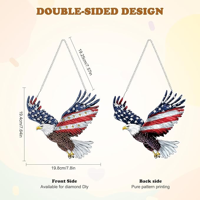 HEIBAGO Independence Day Bald Eagle Hanging Diamond Art Kits for Adults, 4th of July Special Shaped Crystal Diamond Painting Kit, DIY Double-Sided Pattern Gem Art Kit for Home Wall Decor 8.3x8.3inch