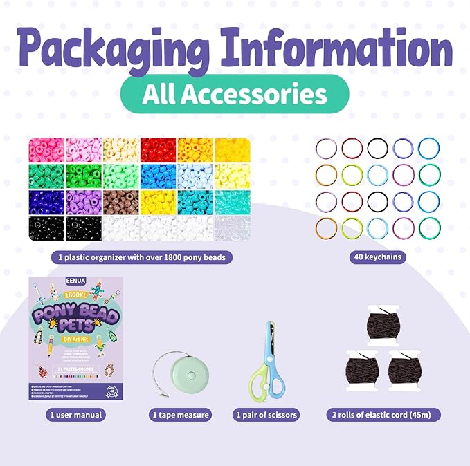 eenua pony bead pets keychain making kit 1800 beads in 21 colors 40 fun designs diy craft set with keychains elastic cord storage box perfect christmas, birthday party gifts for beginners