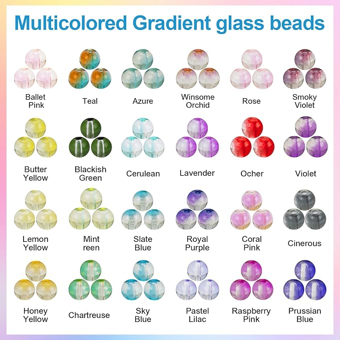 XSEINO 24 Colors 1200PCS Transparent Gradient Glass Beads Kit 6mm DIY Craft Glass Beads, Fit for Bracelets, Jewelry Making, Necklace