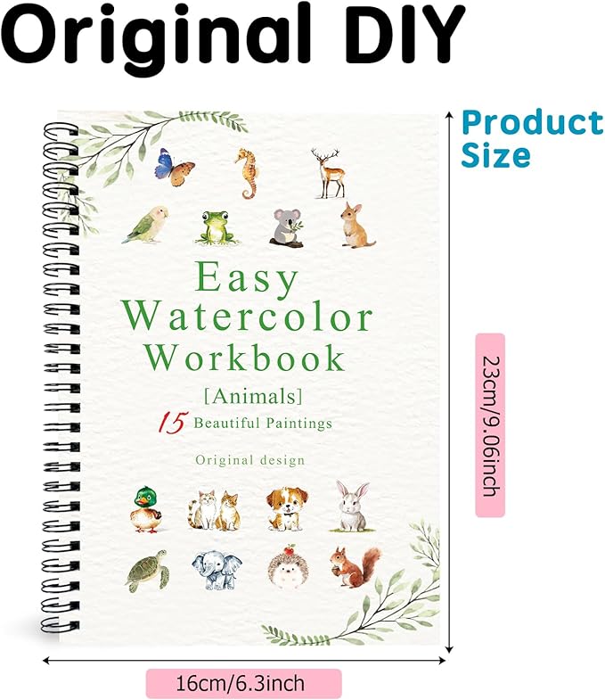 SLWBZ Watercolor Workbook Animals, 15 Different Patterns of Original DIY Designs, Beginner-Friendly Watercolor Workbooks, (Animals, Without Palette)