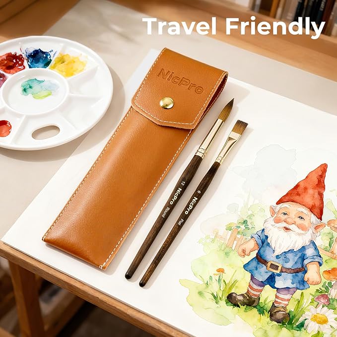 Nicpro Travel Watercolor Brushes Set, 6Pcs Kolinsky Sable Performance Paint Brush for Professional Artist & Beginners with Round, Rigger, Cats Tongue, Oval Wash for Water Color, Ink Gouache Painting