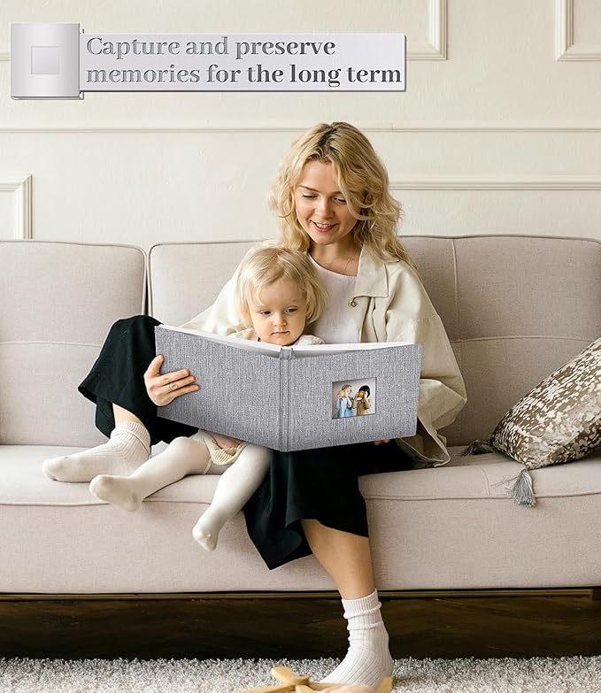 Photo Album Self Adhesive Scrapbook Album for 3x5 4x6 5x7 8x10 Pictures,120 Pages Linen Cover with Display Window DIY Photo Book,Ideal Gifts for Family Travel Wedding Baby