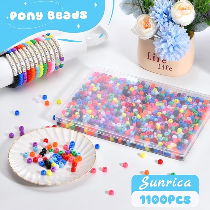 sunrica 1100pcs multicolored pony beads 6x9mm 10 colors large hole plastic beads for kandi, hair braids, necklaces, friendship bracelets