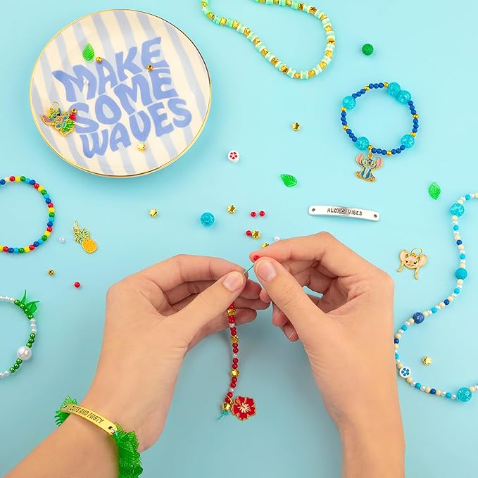 Fashion Angels Disney Stitch Jewelry Making Kit with Ceramic Trinket Tray – DIY Bracelet & Necklace Bead Set with Charms, Message Bars, and Elastic Cord for Kids & Tweens