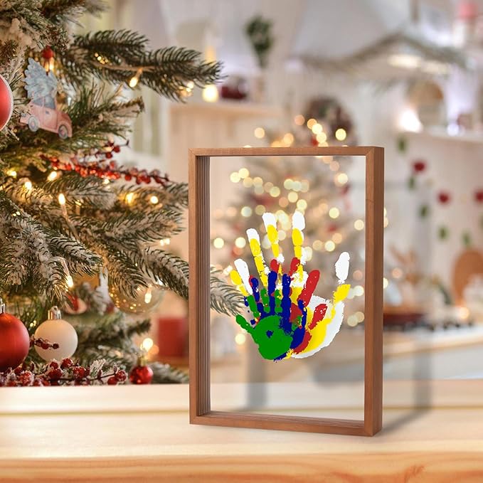 guanshiya family handprint kit - gifts for new parents, adoption gifts, create lasting diy craft keepsake wooden frame -includes 5 paint colors - transparent sheets (brown)