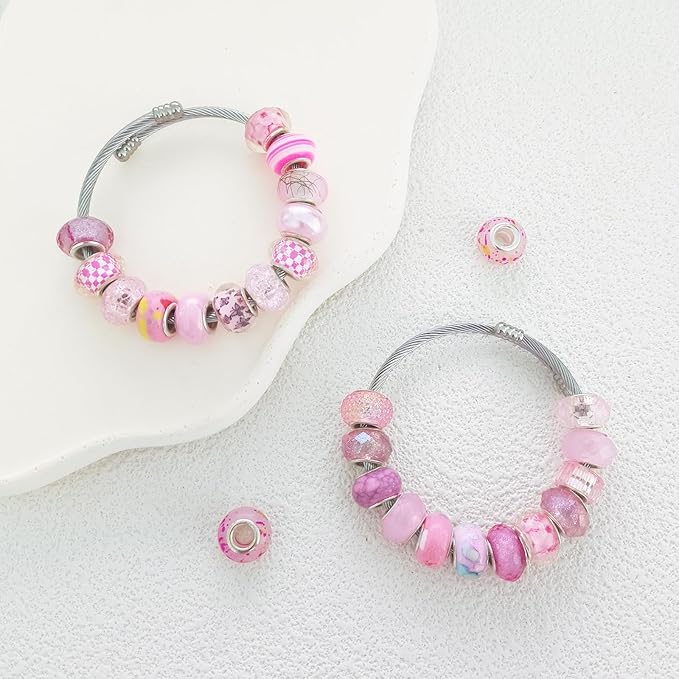 Large Hole Pink European Beads for Pens - 100 Pieces Assorted Fairy Wand Garden Lampwork Craft Spacer for DIY Charms Bracelet Necklace Decoration Jewelry Making Supplies