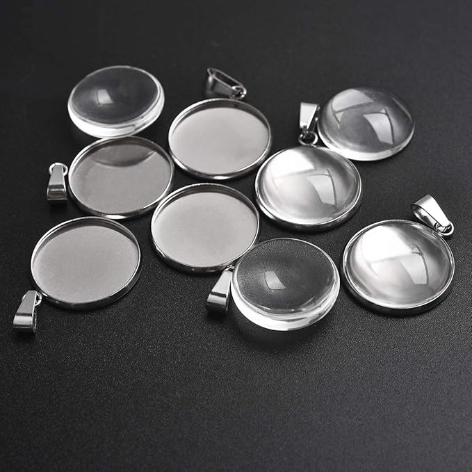 DROLE 60Pcs 20mm Stainless Steel Pendant Trays Kit-30Pcs Jewelry Blanks with Pinch Clip Clasp and 30Pcs Glass Cabochons for Jewelry Making DIY Crafts