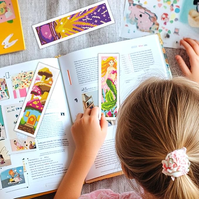 INFUNLY 6 Set Fairytale Elements Cross Stitch Bookmark Kits 8"x2.4" DIY Mermaids Embroidery Bookmark Kits for Beginners with Instruction Cartoon Castle Bookmark Making Kit for Book Lovers Reader Gift