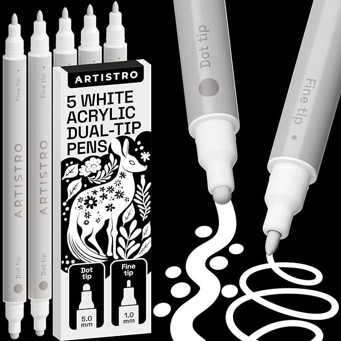 ARTISTRO 5 White Acrylic Paint Markers for Rock, Fabric, Wood, Glass, Eggs - Dual-Tip Paint Pens for Coloring Books for Adults, Teens, Kids - Art & Craft Supplies - Gift Idea - Easter Basket Stuffers