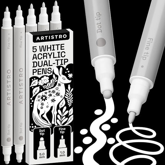 ARTISTRO 5 White Acrylic Paint Markers for Rock, Fabric, Wood, Glass, Eggs - Dual-Tip Paint Pens for Coloring Books for Adults, Teens, Kids - Art & Craft Supplies - Gift Idea - Easter Basket Stuffers