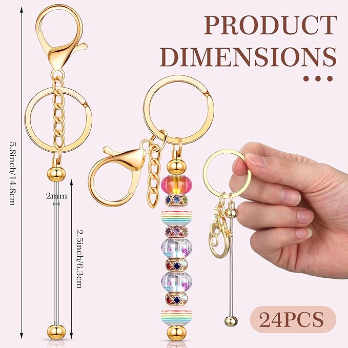 Tondiamo 24 Pcs Beadable Keychain Bars Bulk Beads for Keychain Making Kit Gifts for Women Men DIY Crafts(Gold)