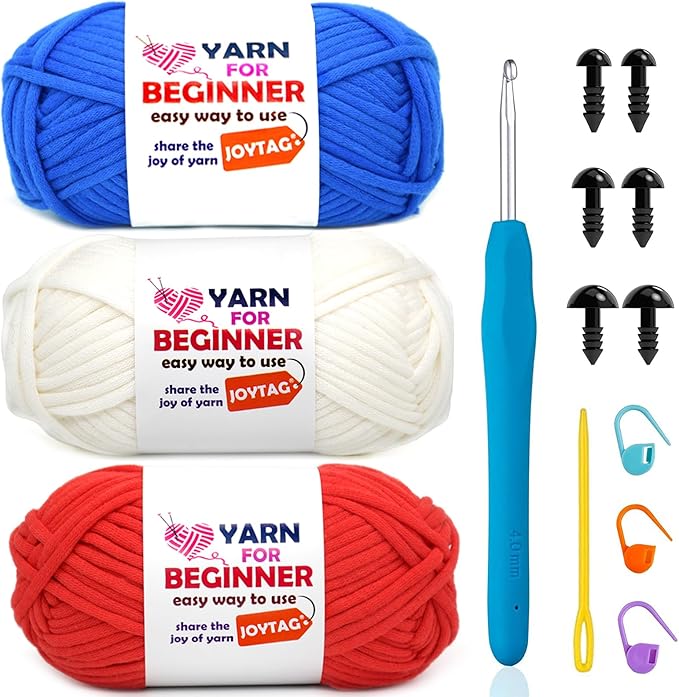 3 Pack Beginner Crochet Yarn Cotton-Nylon Blend (68% Cotton+32% Nylon, Worsted Medium 4, 150g/5.25oz/262yards/240m) - Blue+White+Red