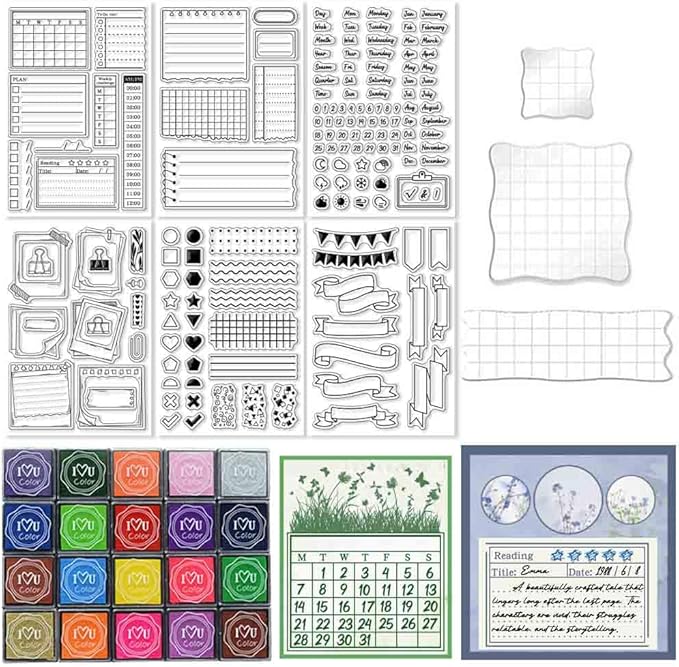 29 Pcs Journal Stamps for Crafting Card Making Supplies Set Include 3 Acrylic Clear Stamp Blocks, 6 Clear Silicone Stamps Seals, 20 Craft Ink Pads Calendar Planner Stamp for DIY