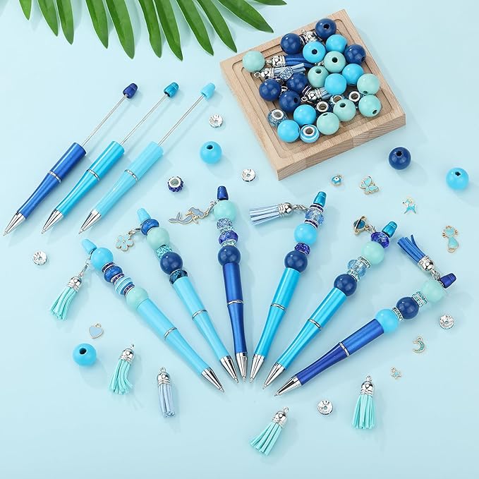 12pcs DIY Beadable Pens Bulk Pens for Beads Beaded Pen Kit for Students Teacher Office Supplies DIY Making Gifts(Blue)