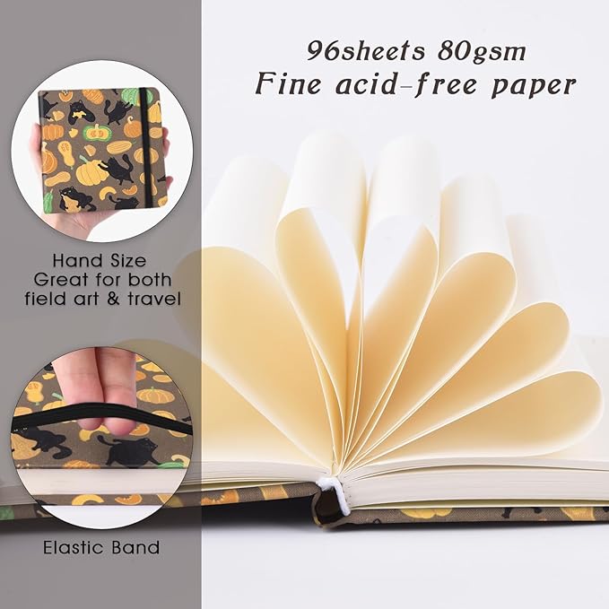 Handy Size 5 x 5 inches Sketch Book, 80GSM Acid Free Artistic Drawing Painting Writing Paper, Hardcover Cloth Cover Art Sketchbook,Journal Notebook.Pumpkin Cat