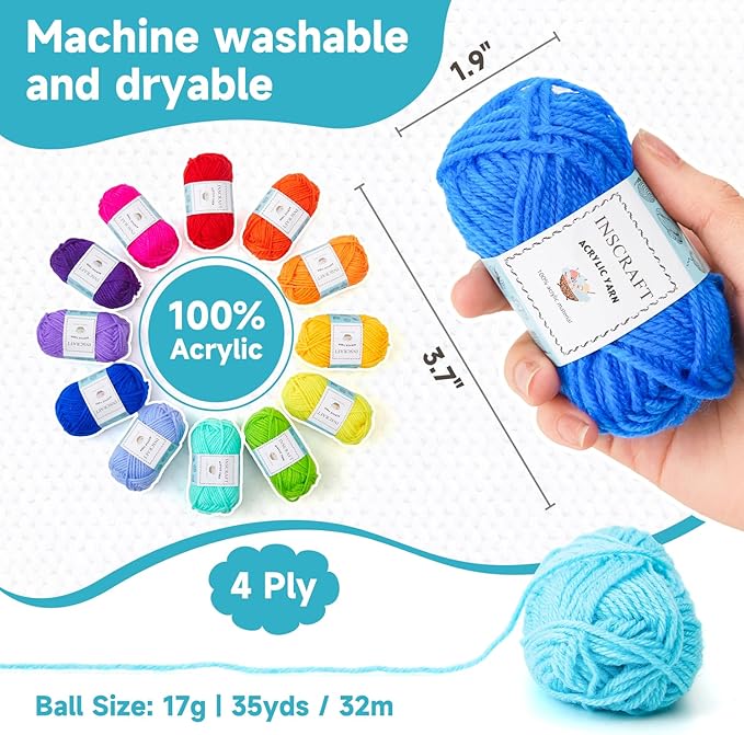 inscraft 52 acrylic yarn skeins, 1820 yards 52 colors, 2 crochet hooks, 2 weaving needles, 10 stitch markers, 1 bag, for crocheting & knitting, gift beginners and adults