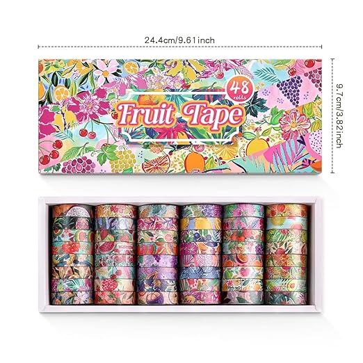 48 Rolls Fruit Theme Washi Tape Set, Writable Decorative Tapes for Scrapbooking, Junk Journal Supplies, Bullet Journaling, 0.39"x79" per Roll