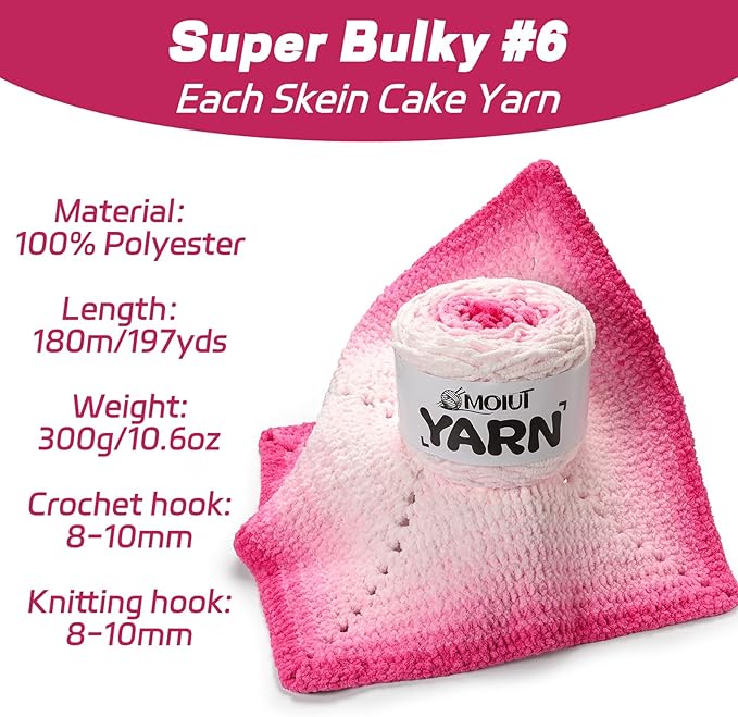Blanket Perfect Ombre Cake Yarn - Baby Yarn for Crocheting Soft - 3 Pack of 10.6oz/300g - #6 Super Bulky - 197 Yards for Knitting, Crafts & Amigurumi, Chunky Chenille Yarn(3 Rose Beach)