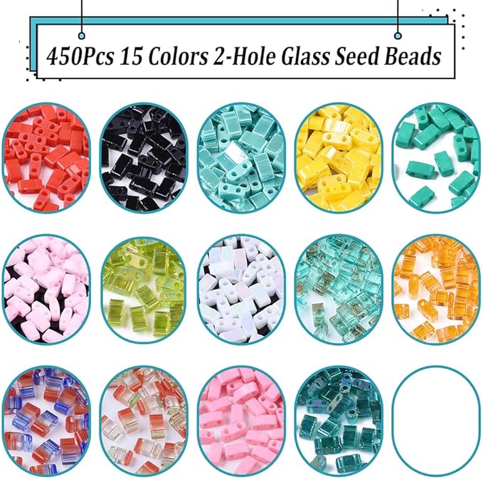 NBEADS About 450 Pcs Half Cut 2-Hole Glass Spacer Seed Beads, 4.5-5x2mm Rectangle Mini Japanese Glass Beads for Bracelet Necklace Earring Jewelry Making - 15 Colors