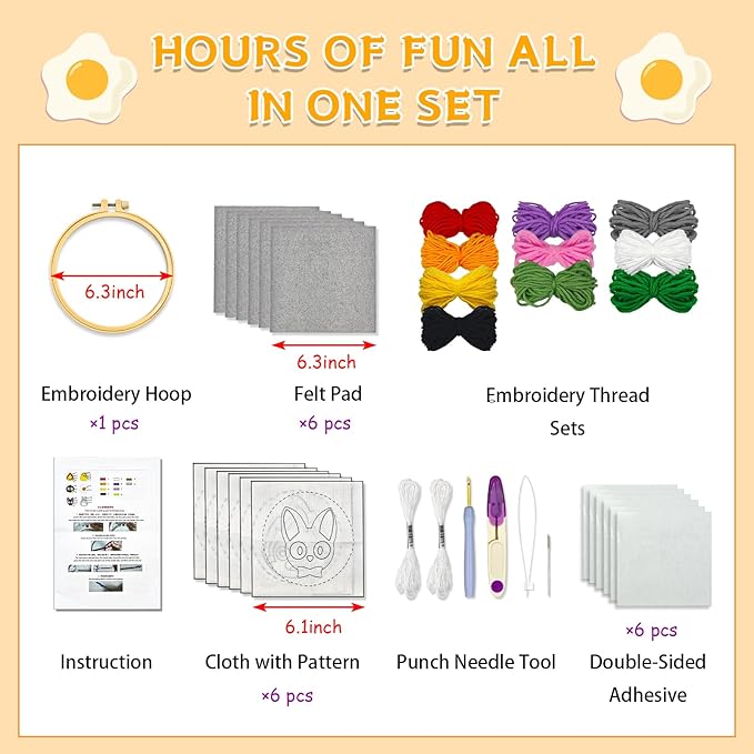PUNICA Punch Needle Kit for Beginners, Kids & Adults Coaster Set of 6, Easy DIY Embroidery Set Starter Craft Gift with Cute Cartoon Decoration