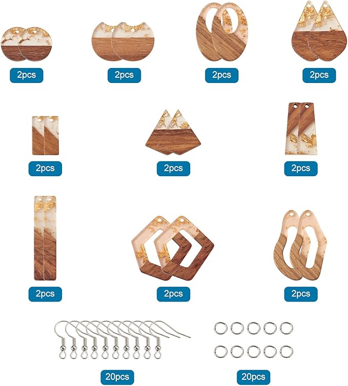 Beadthoven 60pcs Resin Wood Charms Earring Pendants Making Kit Gold Earring Charms DIY Boho Wood Blanks Rectangle Round Teardrop Geometry Resin Wooden Pieces for Jewelry Making with Earring Hooks