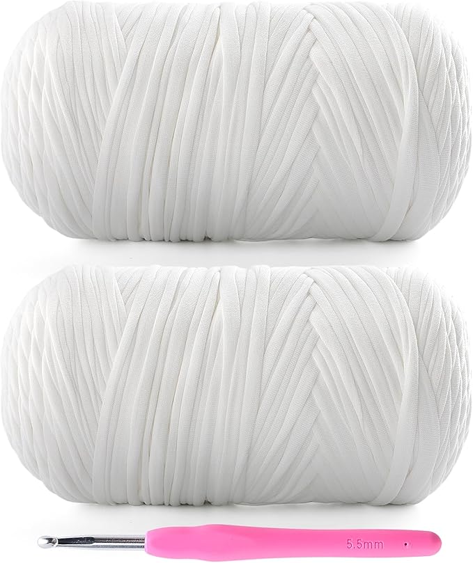 2 Pack T-Shirt Yarn for Crochet - 800 g/260 yds Elastic Fabric T-Shirt Yarn with 1 Crochet Hook (2, White)