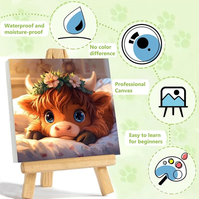 Reivworl Paint by Numbers Kit for Kids with Frame and Easel, Cow Paint by Number for Kids Age 6-8-12, Acrylic Paint by Numbers for Gifts and Home Decor (8X8 inch)