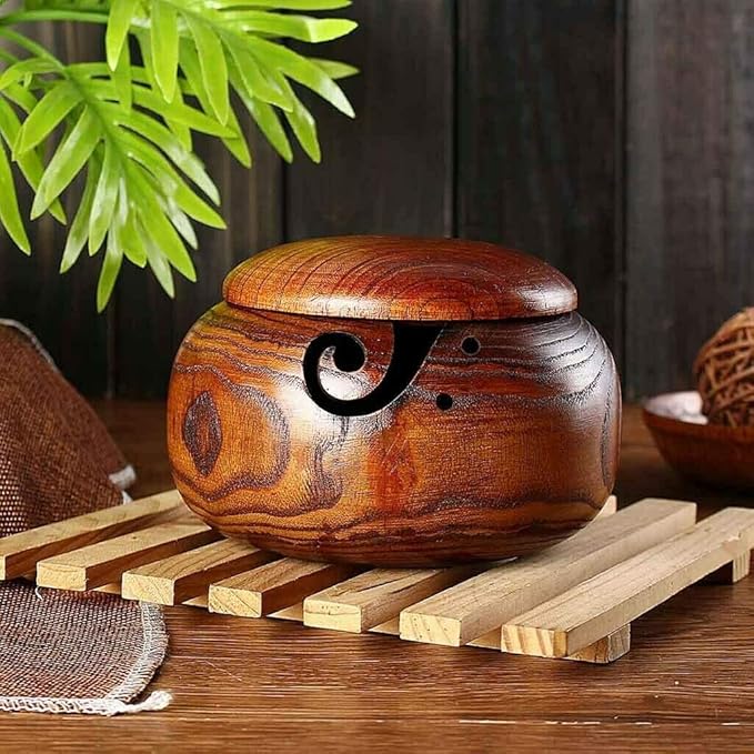 1 Pcs Wooden Yarn Bowl with Lid, Crafted Wooden Weaving Thread Bow with Carved Holes, Premium Knitting Storage Accessories & Supplies, Handcrafted Round Yarn Ball Bowl Brown Box, 16 CM #02