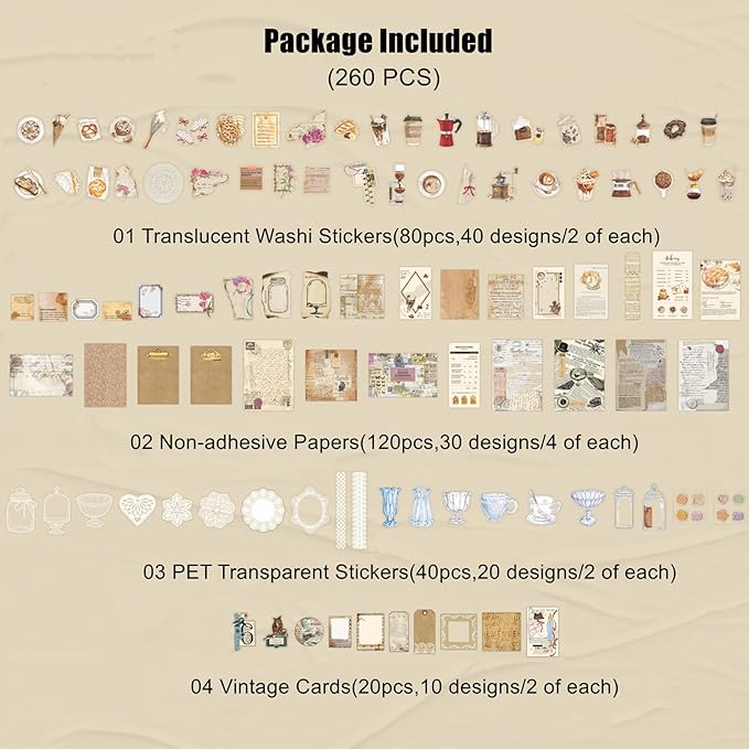 Esweny 260PCS Vintage Journaling Scrapbooking Supplies Scrapbook Sticker Paper Ephemera Pack for Junk Journal Planners Collage Craft Notebooks Album (Coffee and Bread)