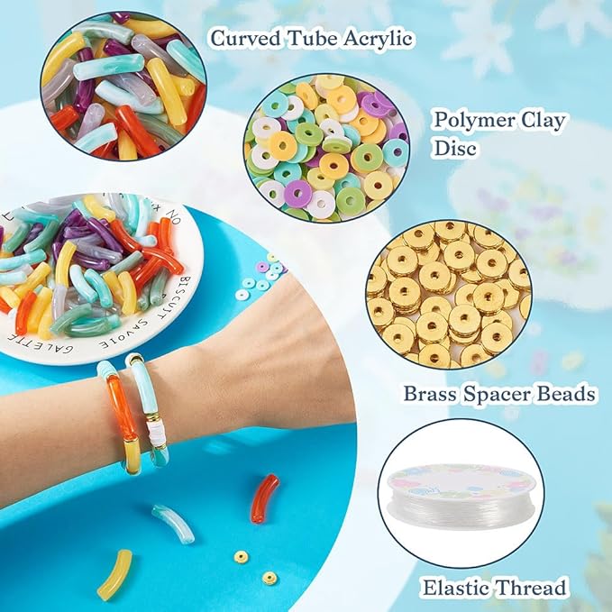 Sparkeads 72PCS Bamboo Tube Bracelet Making Kit for Women Friendship Gift Stacking Bangles Chunky Curved Acrylic Beads Clay Beads Metal Spacers Elastic Thread