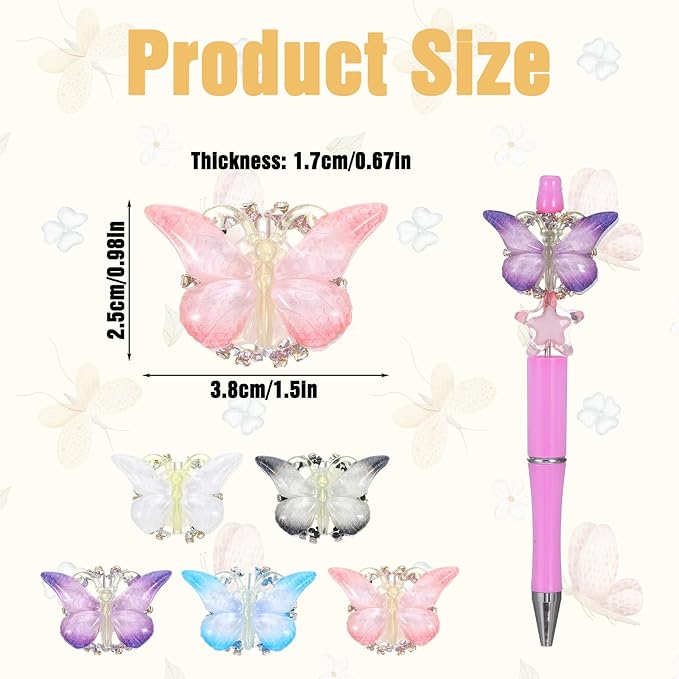 5 PCS Butterfly Focal Beads for Pens, Gradient Rhinestone Beads Pen Making Kit for DIY Fancy Pen Keychains, Craft Supplies Focal Beadable Pens Making