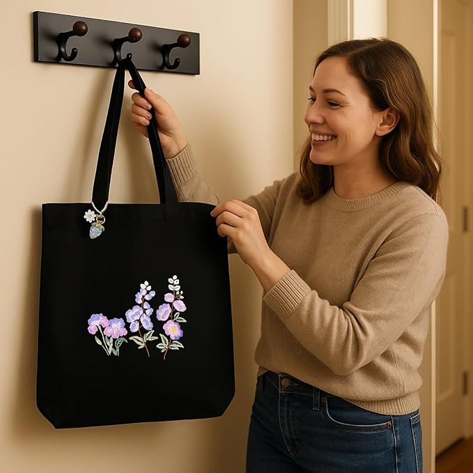 Speedura Embroidery Kit for Beginners – Dual Canvas Tote Bags with Floral Cross Stitch Patterns | Complete Needlepoint Set Includes Hoops, Threads & Step-by-Step Video Tutorial (Beige & Black Set)